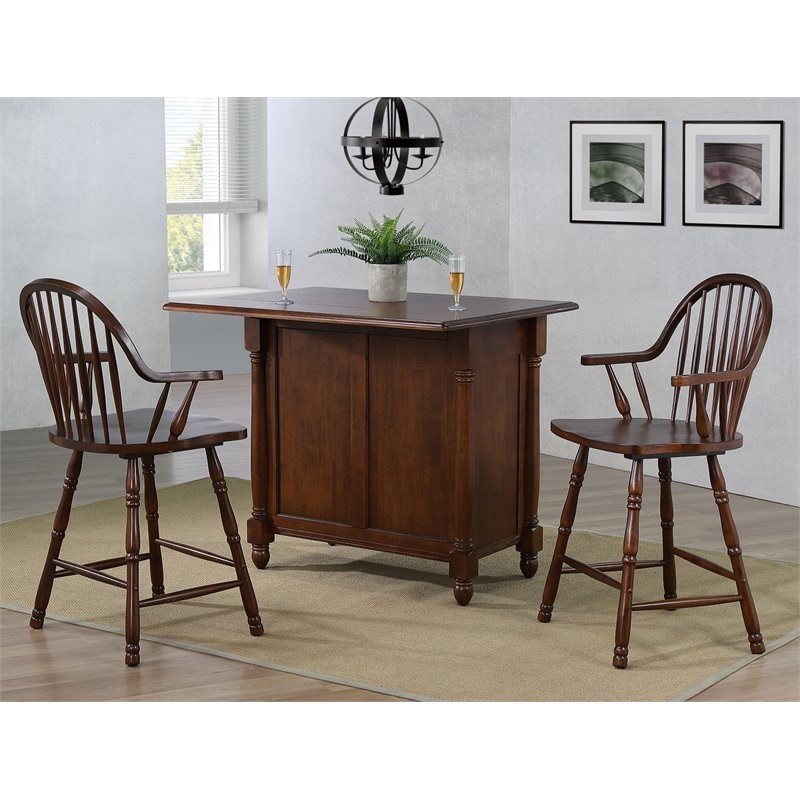 Sunset Trading Andrews 3PC Extendable Drop Leaf Wood Kitchen Island in Chestnut