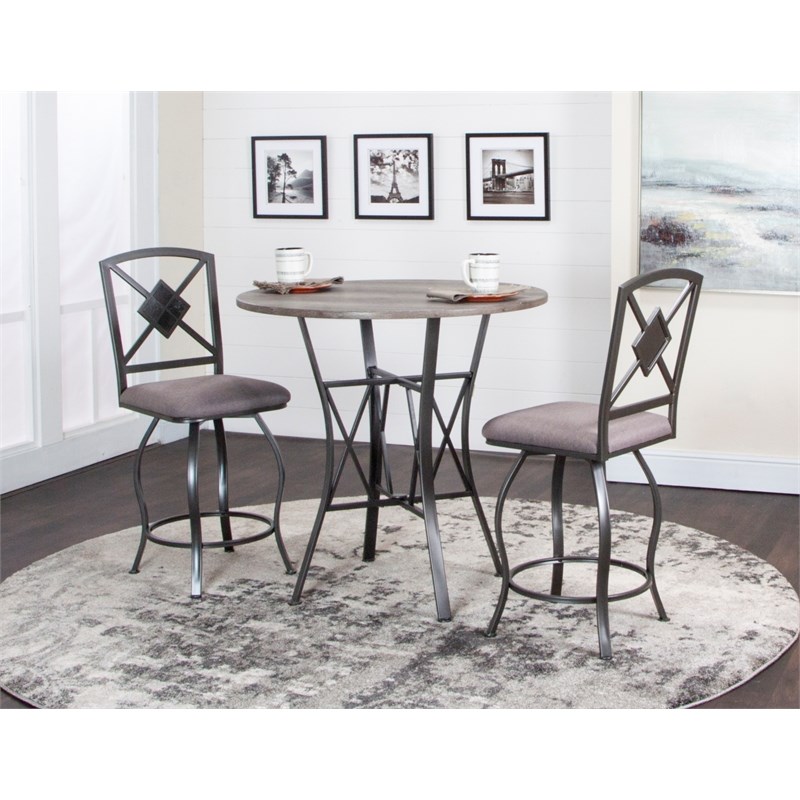 Star 36-in Round Pub Table Set in Gray Metal with Wood and 2 Swivel Barstools