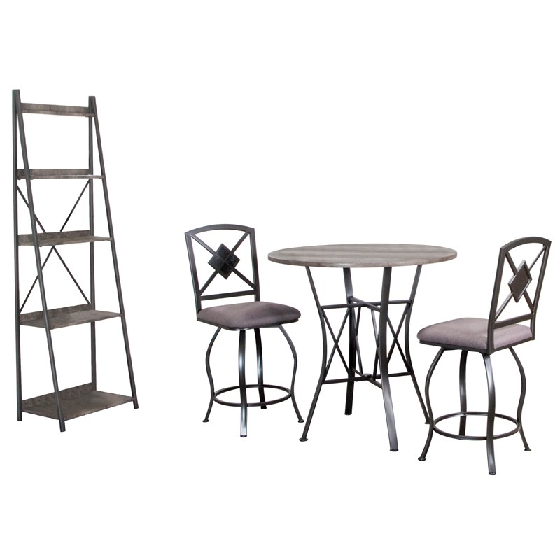 Star 36-in Round Pub Table Set w Shelves 2 Swivel Stools in Gray Metal and Wood