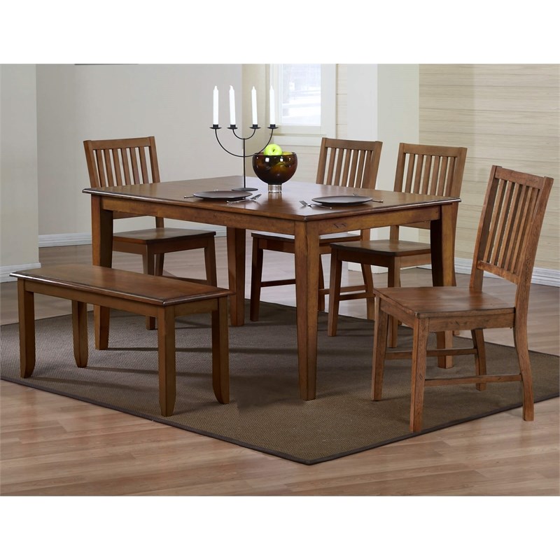 Simply Brook 6Pc 60-in Rectangle Dining Set with Bench in Amish Brown Solid Wood