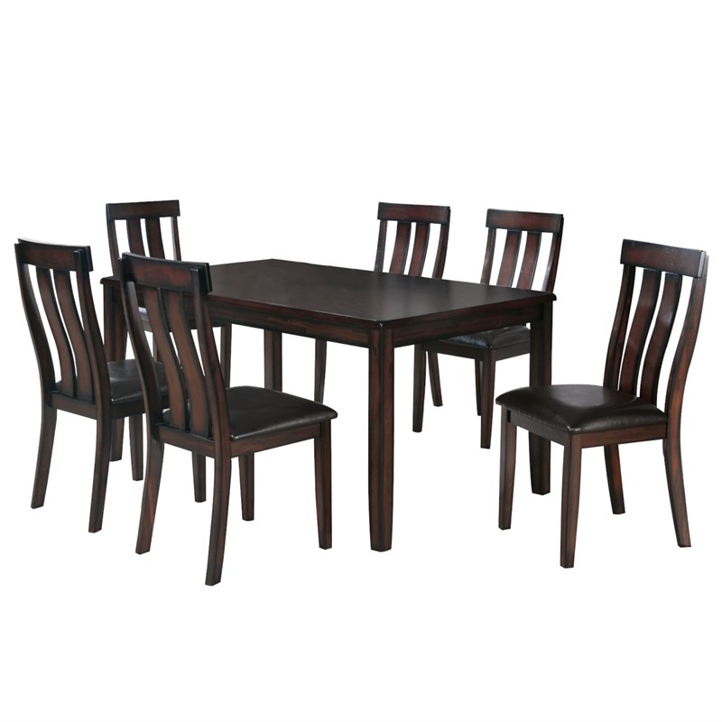 Boller 7Pc Rectangle Dining Table Set with 6 Upholstered Chairs in Brown Wood