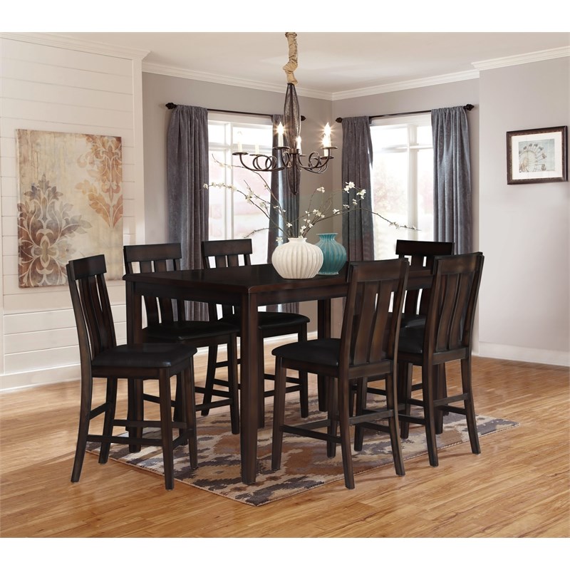 Boller 7Pc Rectangle Pub Table Dining Set with Upholstered Stools in Brown Wood