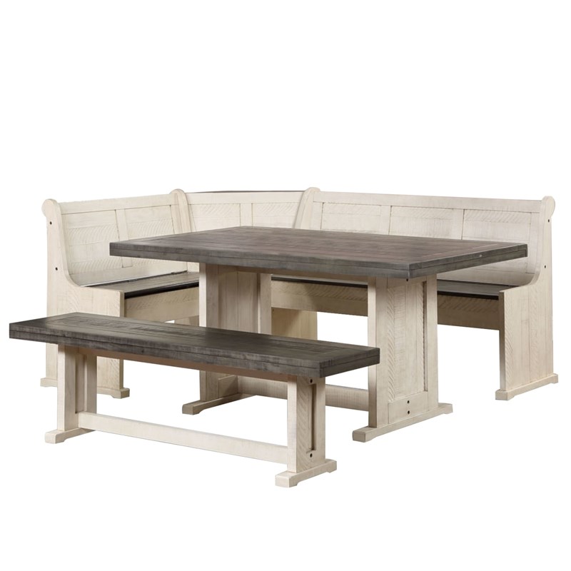 Sunny Dining Nook Table Set Off White Grey Wood w Kitchen Corner Storage Bench