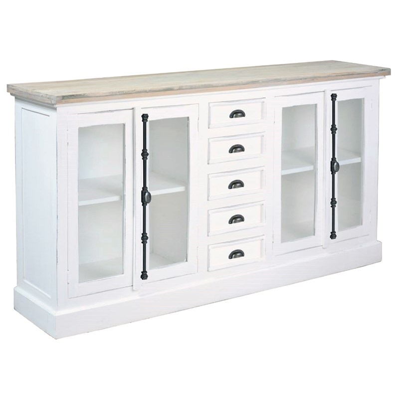 Cottage Glass Door 5 Drawer Display Cabinet White and Brown Solid Wood