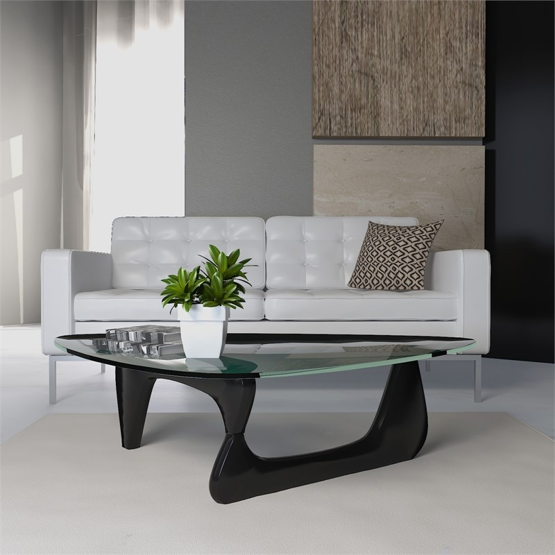 LeisureMod Imperial Triangle Wooden Glass Top Coffee Table in Black