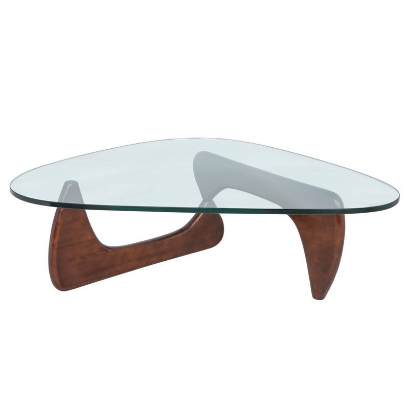 LeisureMod Imperial Triangle Wooden Glass Top Coffee Table in Dark Walnut