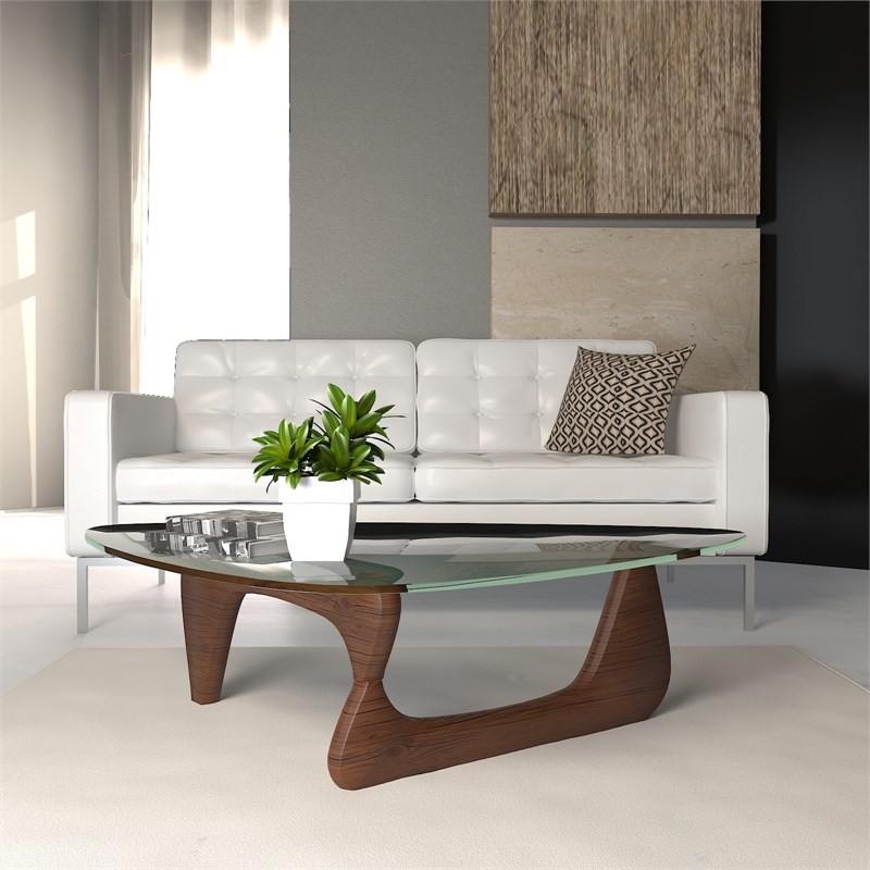 LeisureMod Imperial Triangle Wooden Glass Top Coffee Table in Dark Walnut