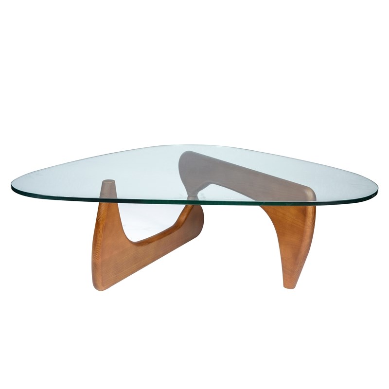 LeisureMod Imperial Triangle Wooden Glass Top Coffee Table in Light Walnut
