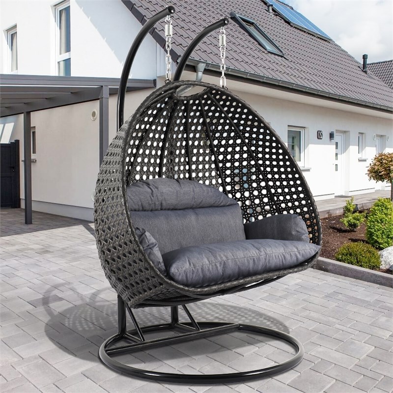 LeisureMod Outdoor Modern Wicker Hanging Double Egg Swing Chair in ...