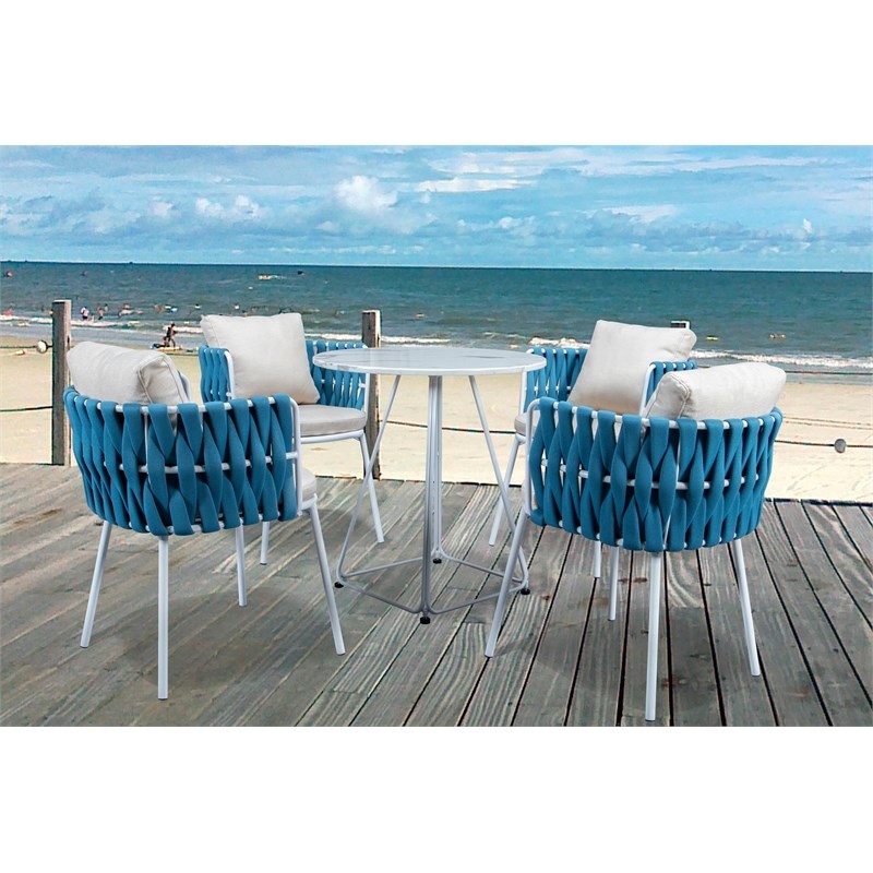 LeisureMod Spencer Modern 5 PC Cast Iron Rope Outdoor  Patio Dining Set in Blue