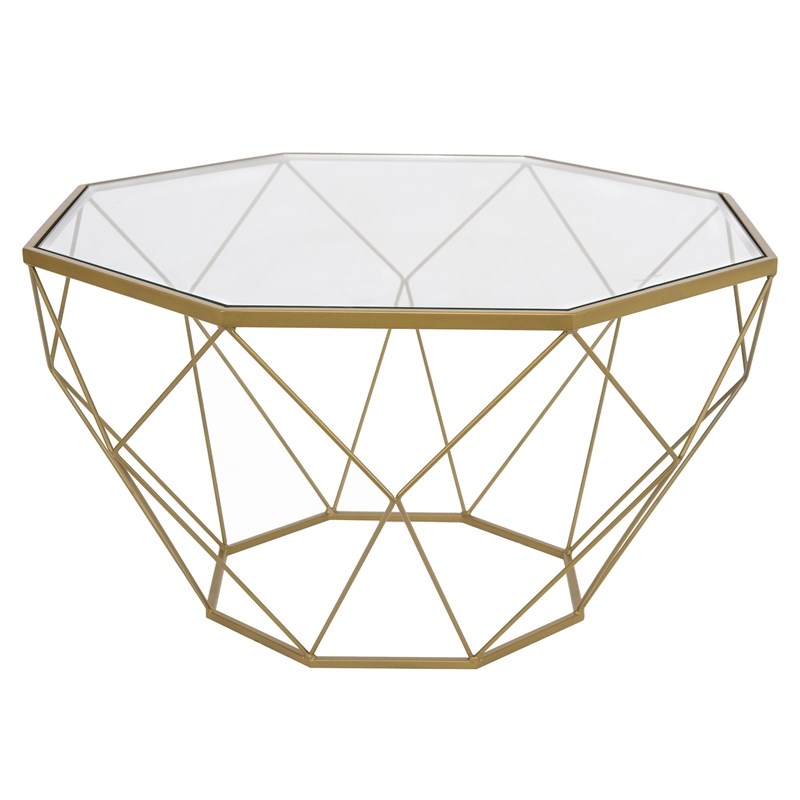 LeisureMod Malibu Large Modern Octagon Glass Top Metal Gold Base Coffee Table