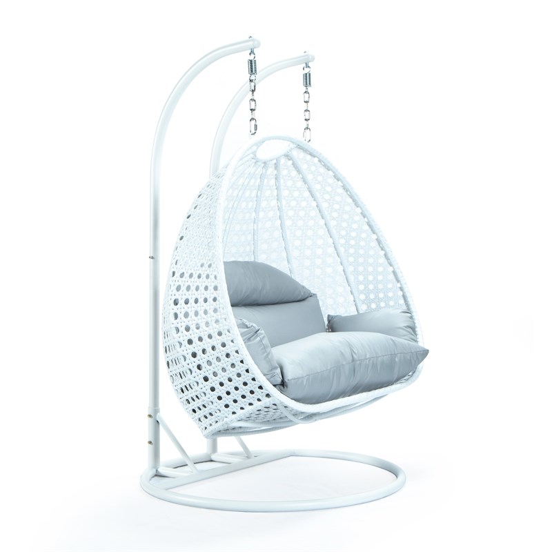 LeisureMod Outdoor White Wicker Hanging Double Egg Swing Chair in Light