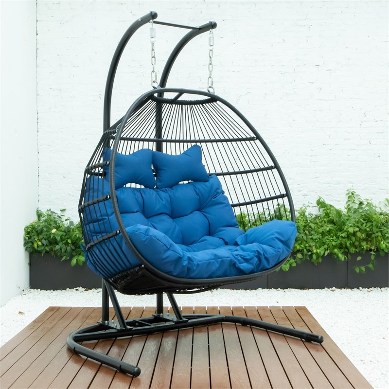 LeisureMod Wicker 2 Person Double Folding Hanging Egg Swing Chair in