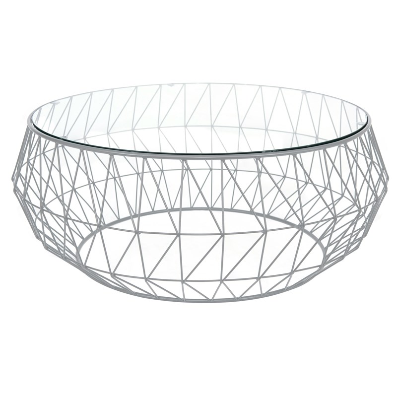 LeisureMod Malibu Modern Round Glass Top Coffee Table With Gray Metal Base