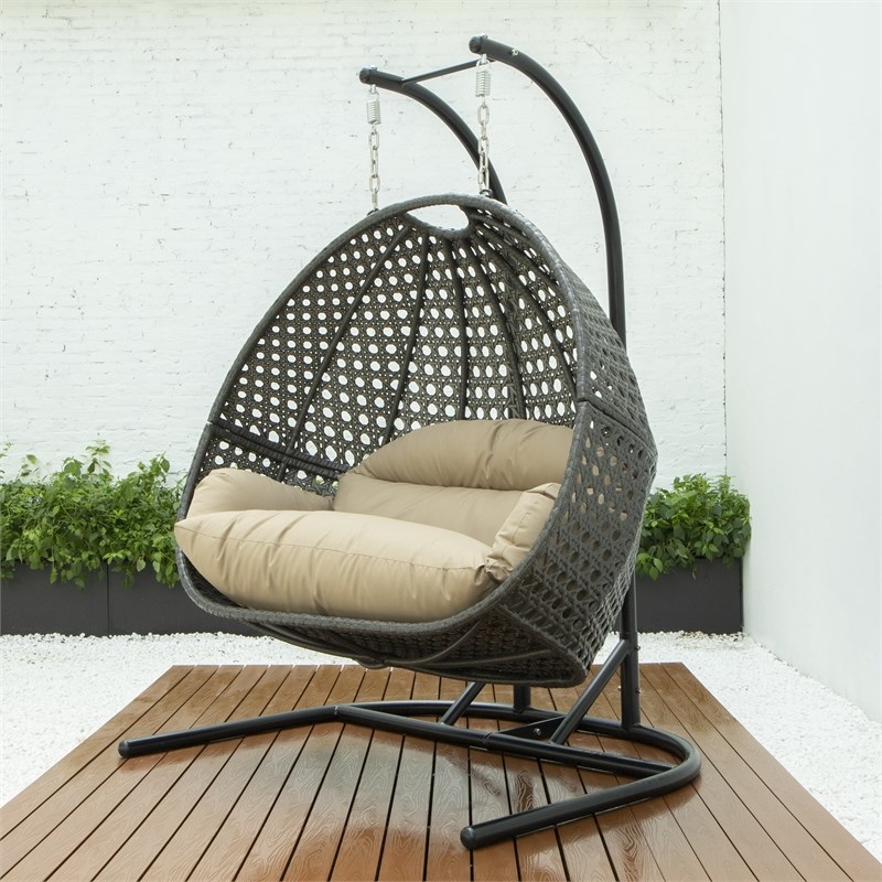 LeisureMod Charcoal Wicker Double 2-Person Hanging Egg Swing Chair in
