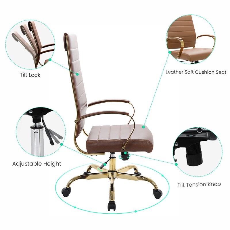 LeisureMod Benmar HighBack Leather Office Chair With Gold Frame in