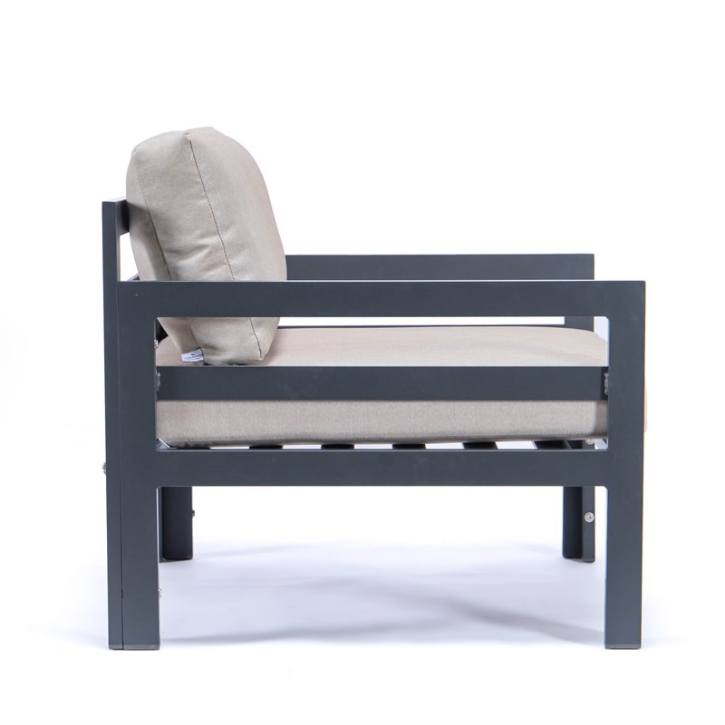 LeisureMod Chelsea Patio Black Aluminum Armchair w/Beige Cushion (Set of 2)