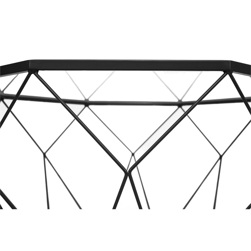 LeisureMod Malibu Large Modern Octagon Glass Top Metal Black Base Coffee Table