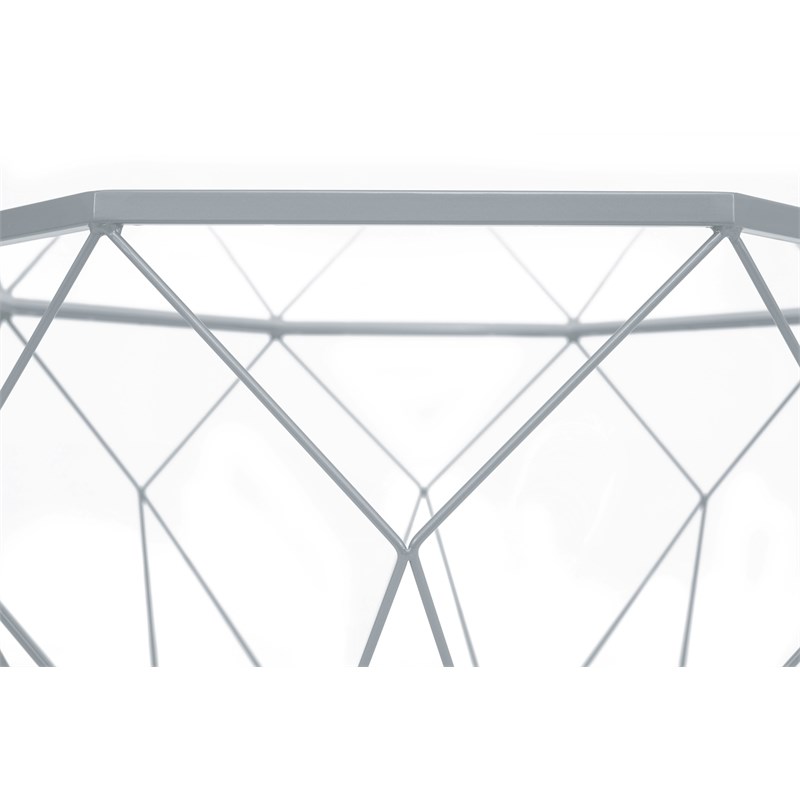 LeisureMod Malibu Large Modern Octagon Glass Top Metal Gray Base Coffee Table
