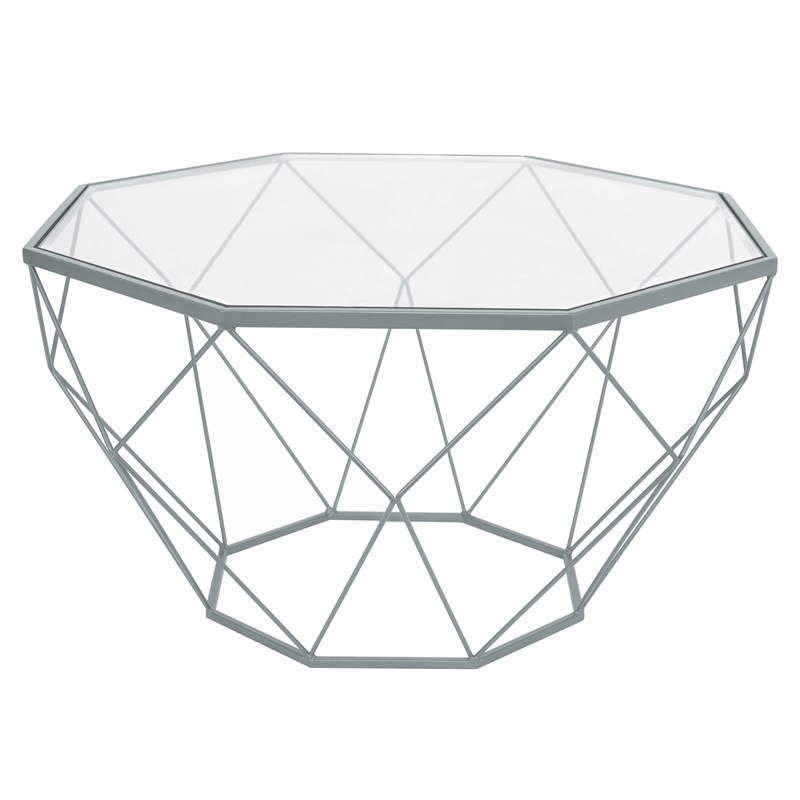 LeisureMod Malibu Large Modern Octagon Glass Top Metal Gray Base Coffee Table