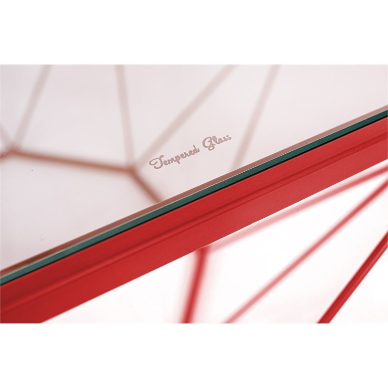 LeisureMod Malibu Large Modern Octagon Glass Top Metal Red Base Coffee Table