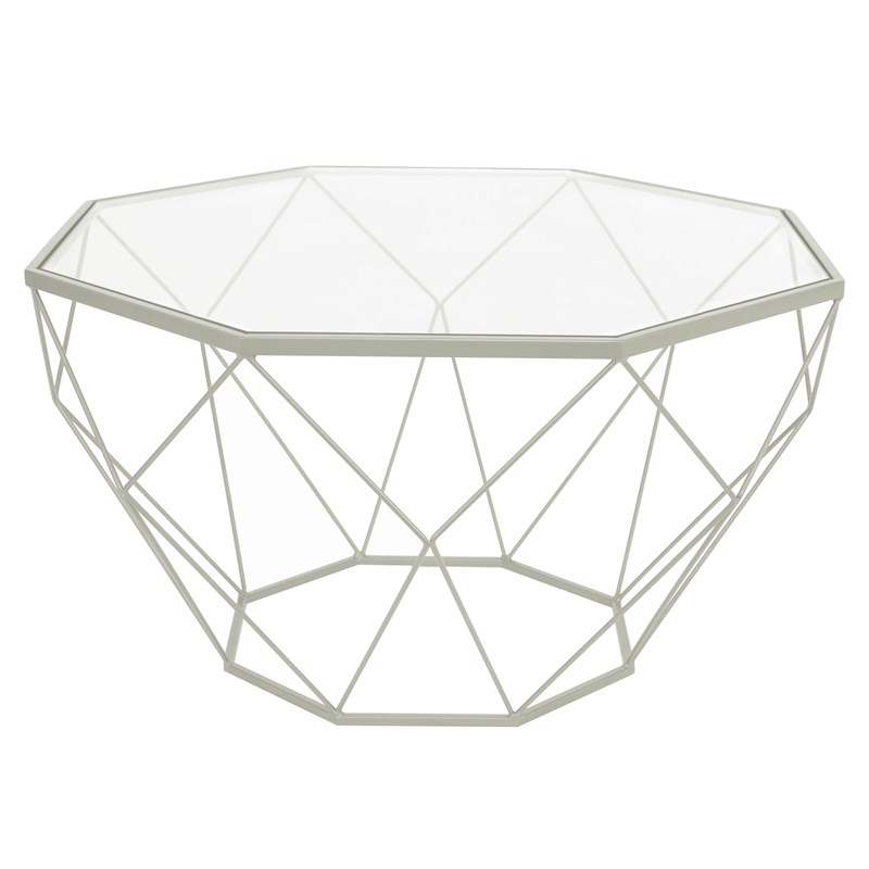 LeisureMod Malibu Large Modern Octagon Glass Top Metal White Base Coffee Table