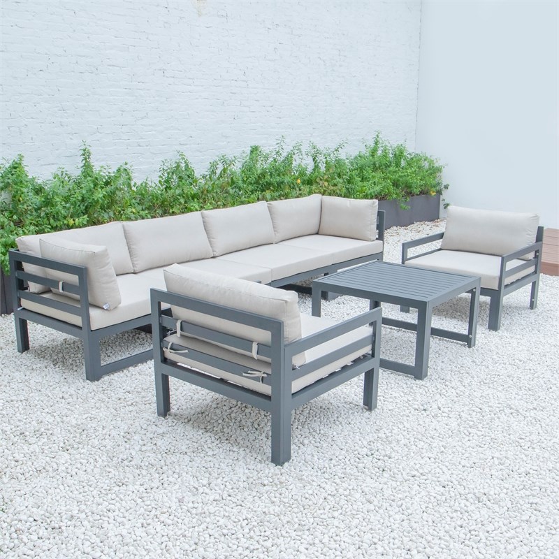 LeisureMod Chelsea 7-Piece Patio Sectional With Coffee Table In Beige