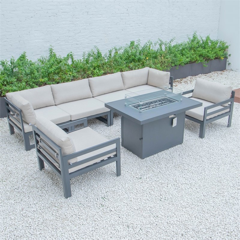 LeisureMod Chelsea 7-Piece Outdoor Sectional With Fire Pit Table In Beige