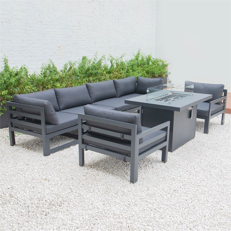 LeisureMod Chelsea 7-Piece Outdoor Sectional With Fire Pit Table In Black