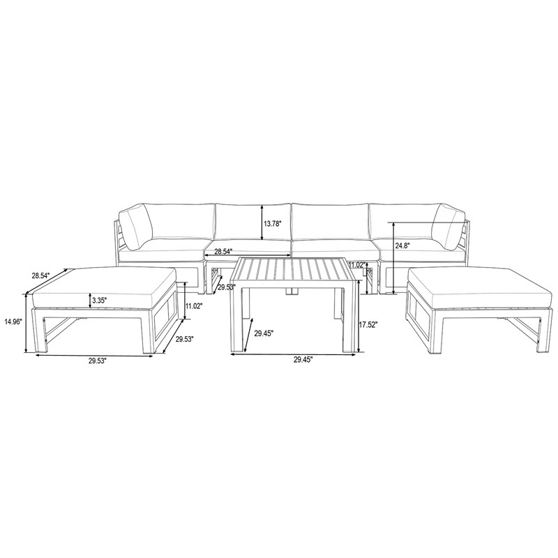 LeisureMod Chelsea 7-Piece Patio Sectional With Coffee Table In Black