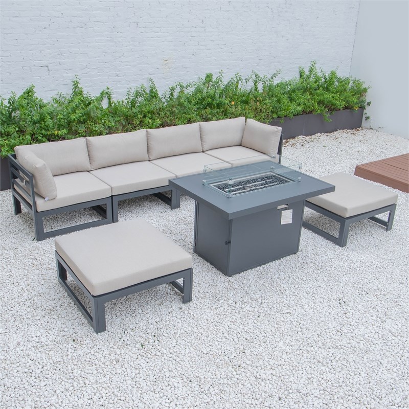 LeisureMod Chelsea 7-Piece Outdoor Sectional With Fire Pit Table In Beige