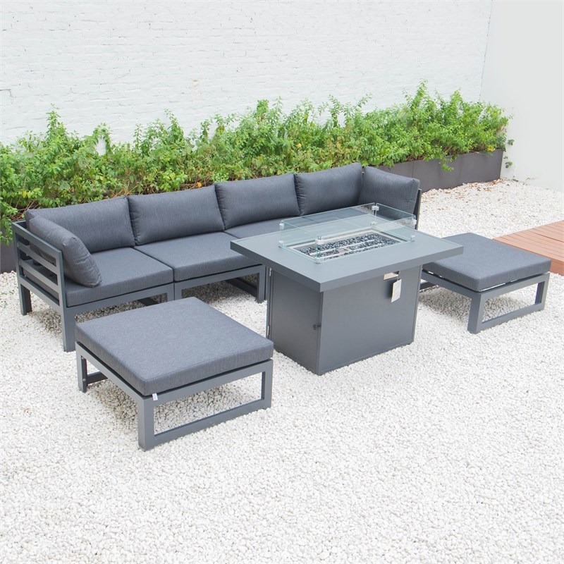 LeisureMod Chelsea 7-Piece Outdoor Sectional With Fire Pit Table In Black