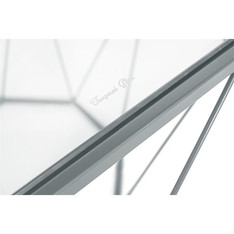 LeisureMod Malibu Modern Octagon Glass Top Gray Metal Base Coffee Table