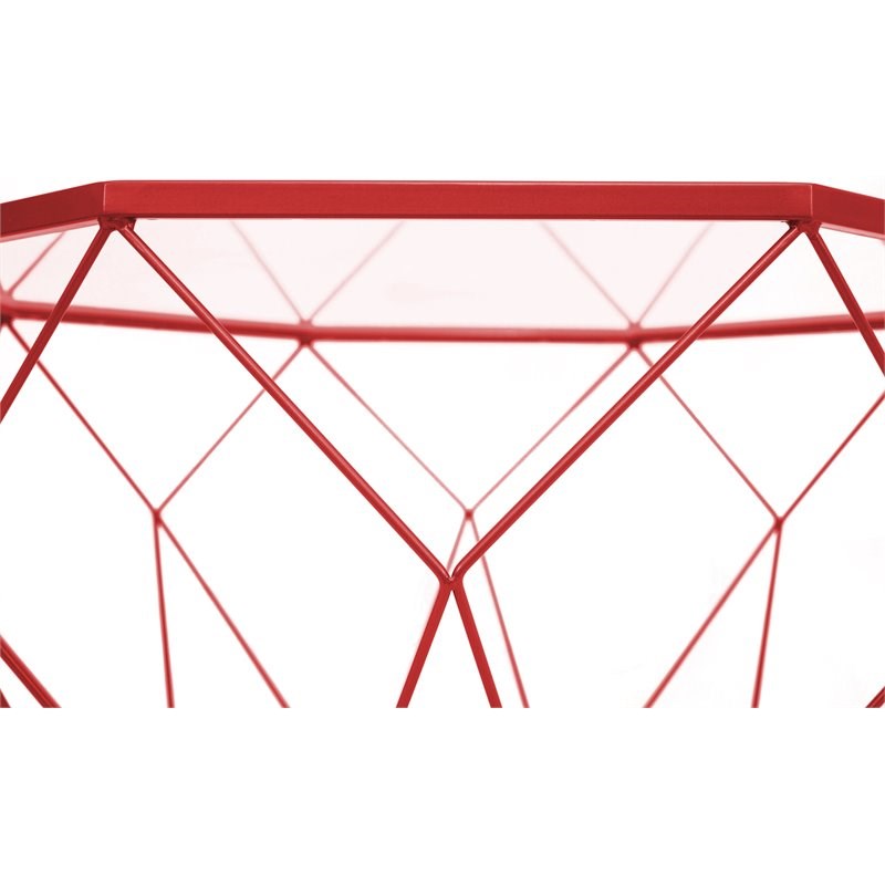LeisureMod Malibu Modern Octagon Glass Top Red Metal Base Coffee Table