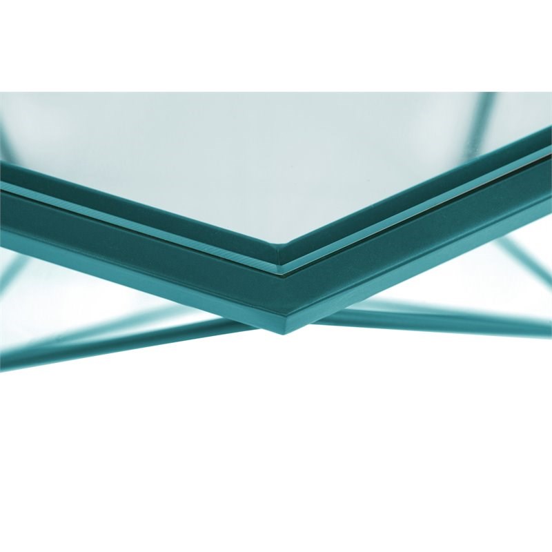 LeisureMod Malibu Large Modern Octagon Glass Top Metal Blue Base Coffee Table
