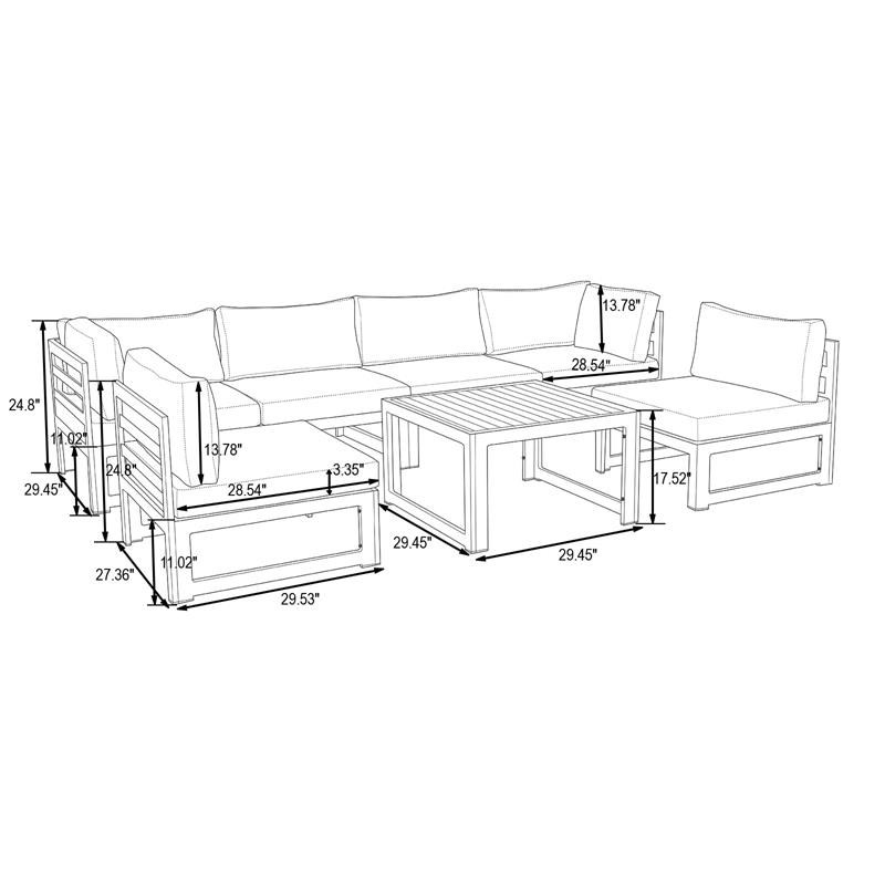 LeisureMod Chelsea 7-Piece White Patio Sectional With Coffee Table in Beige