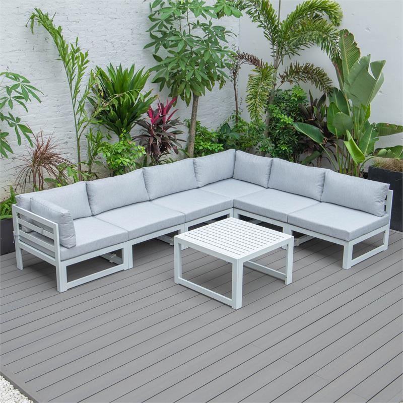 LeisureMod Chelsea 7-Piece White Patio Sectional With Coffee Table in Light Gray