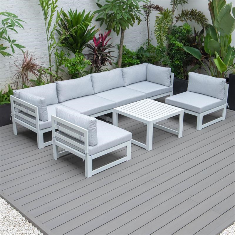 LeisureMod Chelsea 7-Piece White Patio Sectional With Coffee Table in Light Gray