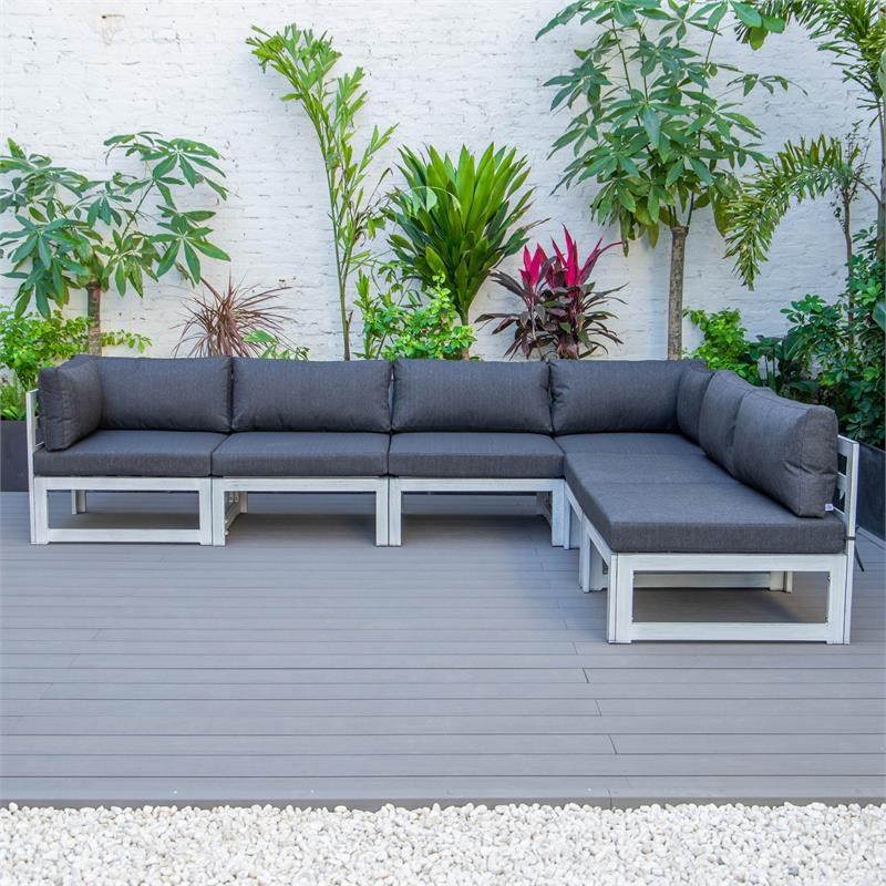 LeisureMod Chelsea Modern 6-Piece Weathered Gray Patio Sectional In Black