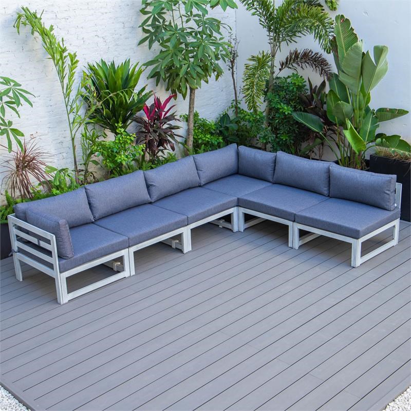 LeisureMod Chelsea Modern 6-Piece Weathered Gray Patio Sectional In Blue