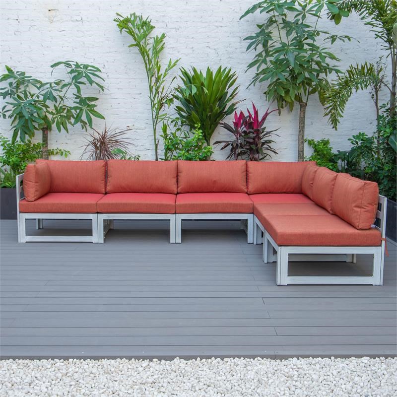 LeisureMod Chelsea Modern 6-Piece Weathered Gray Patio Sectional In Orange