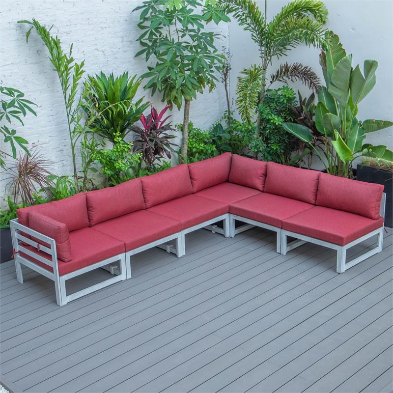 LeisureMod Chelsea Modern 6-Piece Weathered Gray Patio Sectional In Red