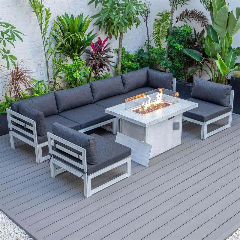 LeisureMod Chelsea 7-Piece Grey Patio Sectional With Fire Pit Table in Black