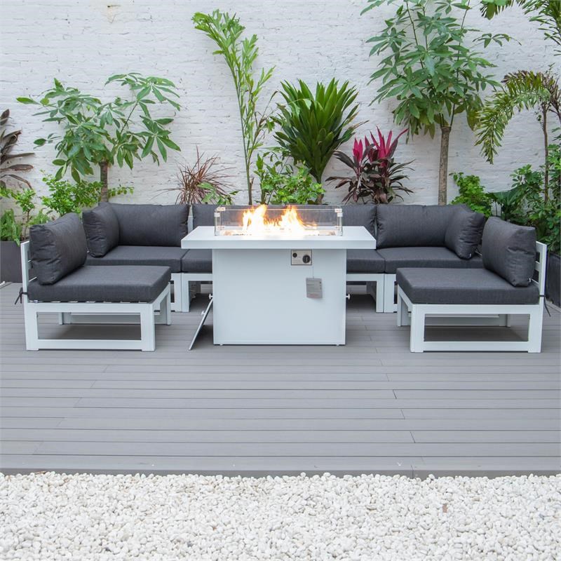 LeisureMod Chelsea 7-Piece White Patio Sectional With Fire Pit Table in Black
