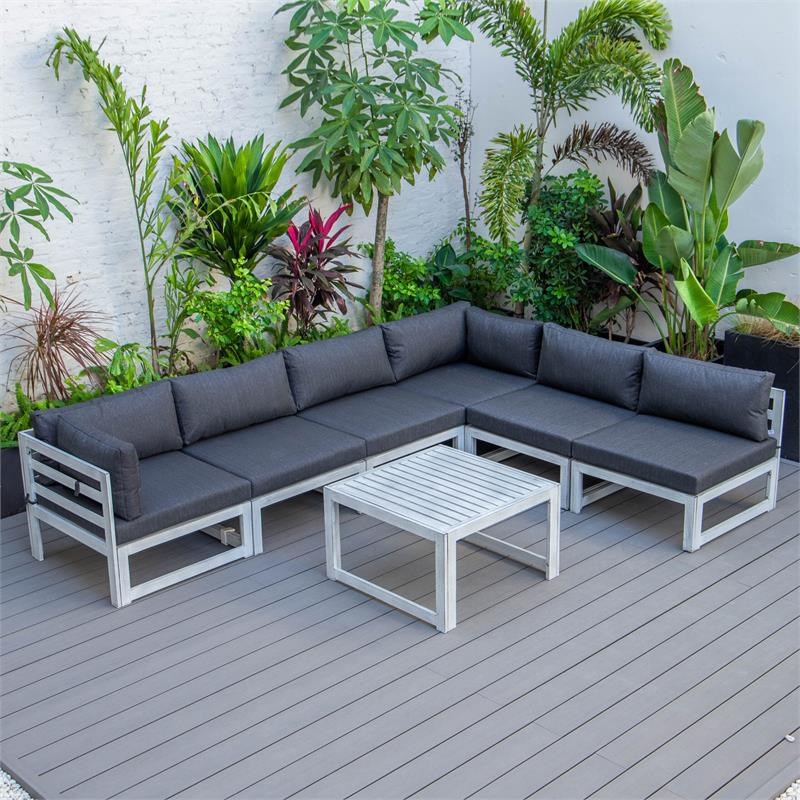 LeisureMod Chelsea 7-Piece Gray Patio Sectional With Coffee Table in Black