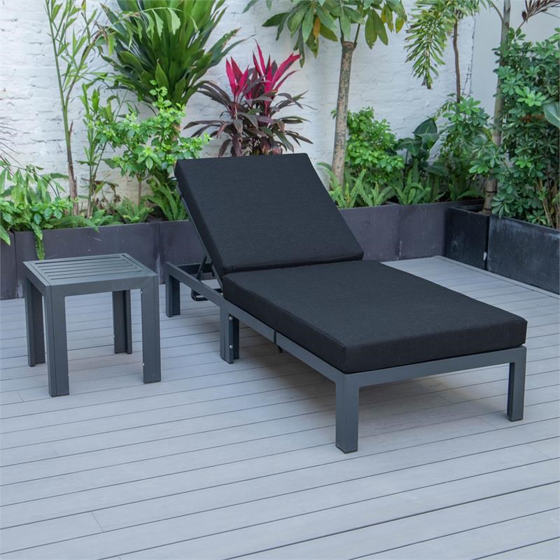 LeisureMod Chelsea Chaise Lounge Chair With Black Cushions & Side Table