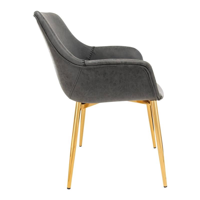 LeisureMod Markley Leather Dining Armchair With Gold Legs in Charcoal Black
