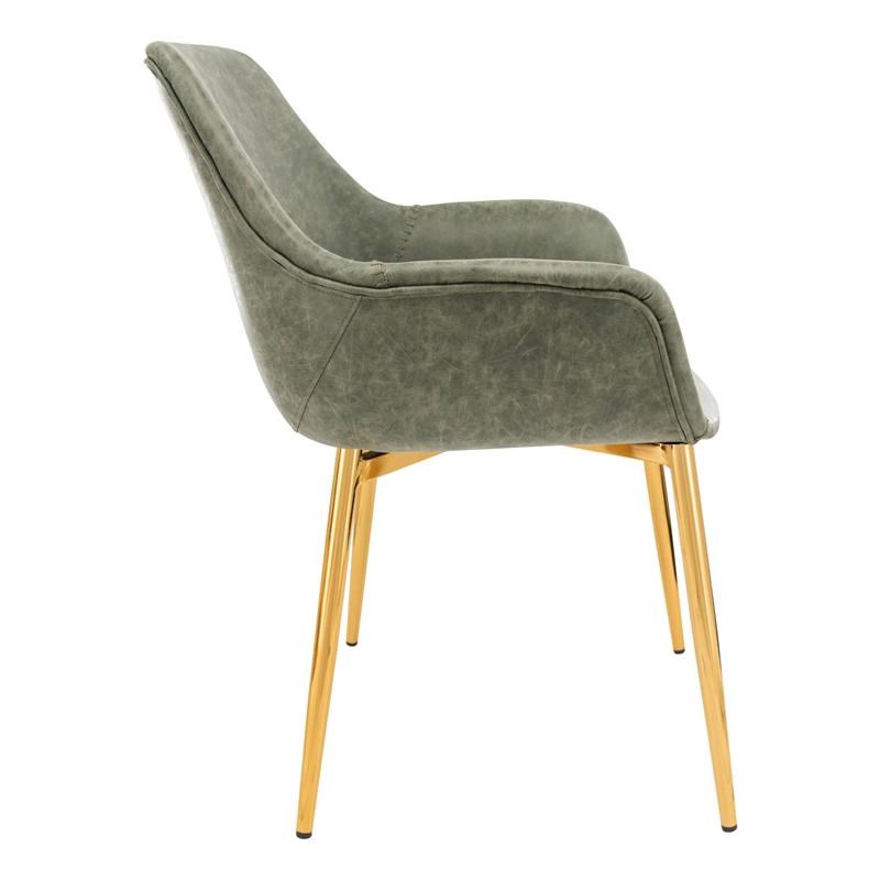 LeisureMod Markley Leather Dining Armchair With Gold Legs in Olive Green