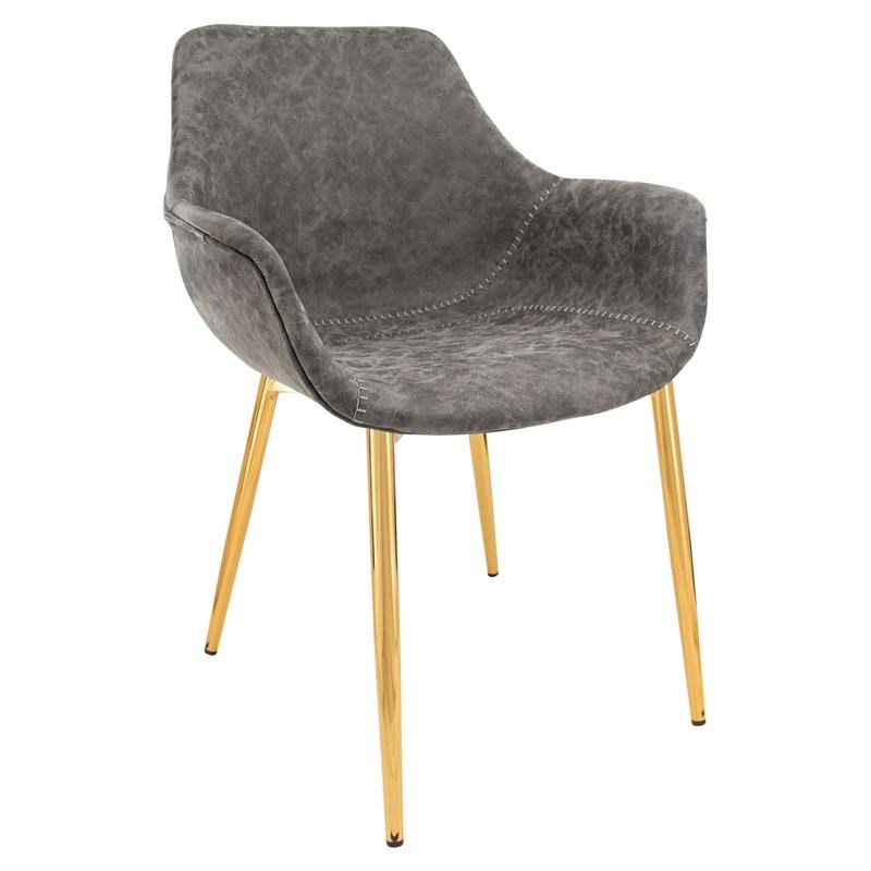 LeisureMod Markley Leather Dining Armchair With Gold Legs in Gray
