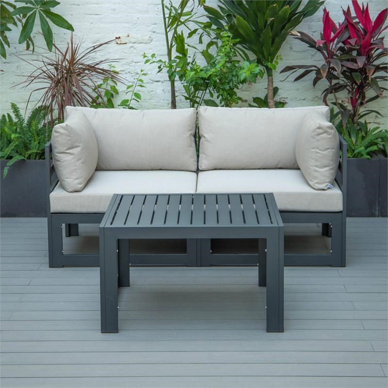 LeisureMod Chelsea Beige Outdoor Patio Loveseat and Coffee Table Set